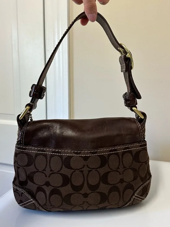 Coach Dark Brown Signature Canvas and Leather Shoulder Bag - Picture 2 of 9